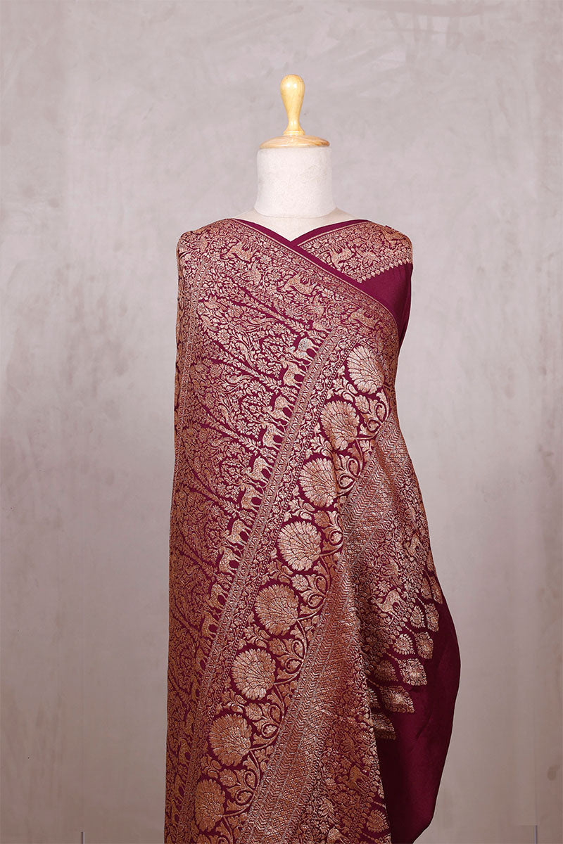 Wine Handloom Crepe Saree with Shikargah Zari Work