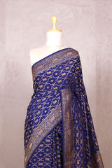 Navy Blue Crepe Banarasi Khaddi Silk Saree with Pichwai Floral Work