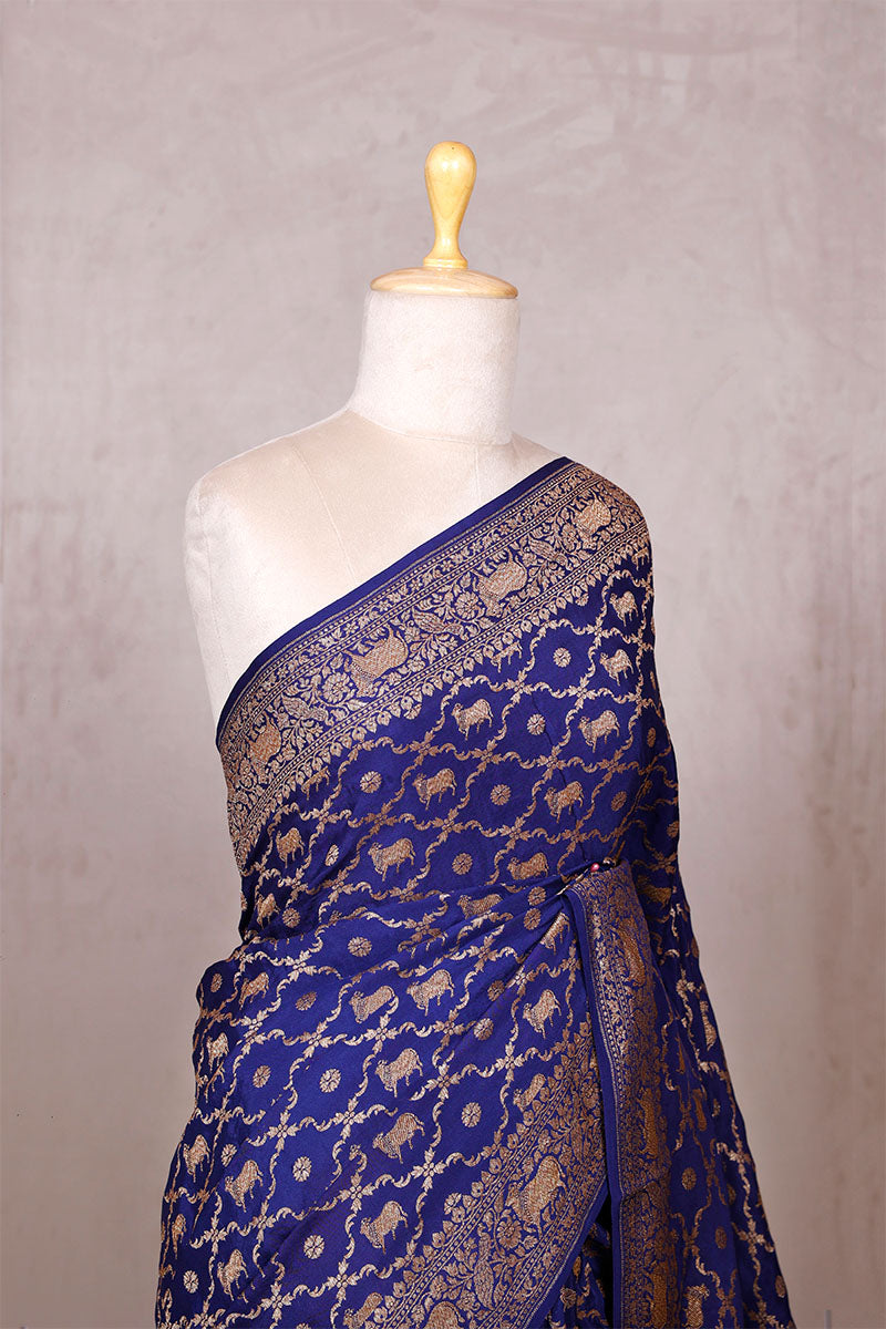 Navy Blue Crepe Banarasi Khaddi Silk Saree with Pichwai Floral Work