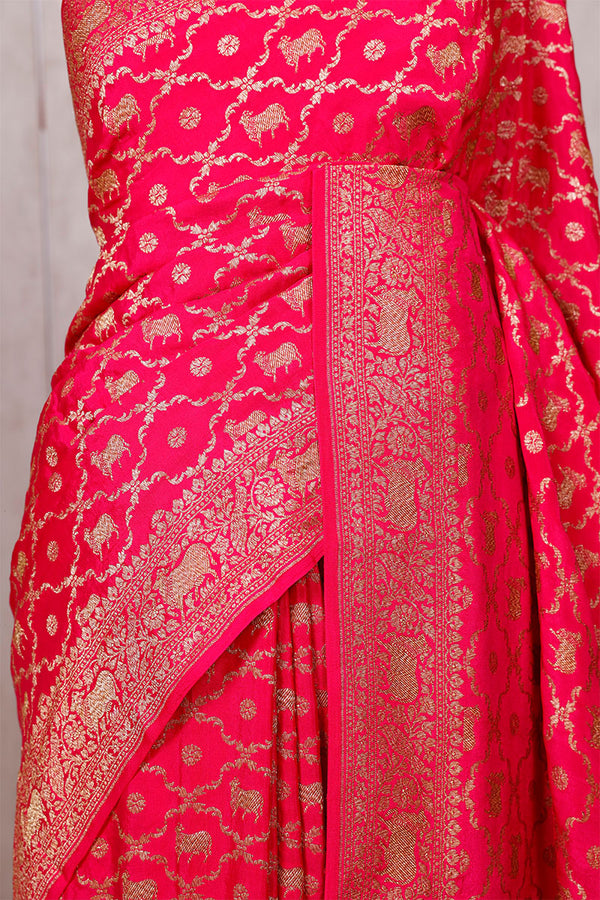 Pink Crepe Banarasi Khaddi Silk Saree with Pichwai Floral Work