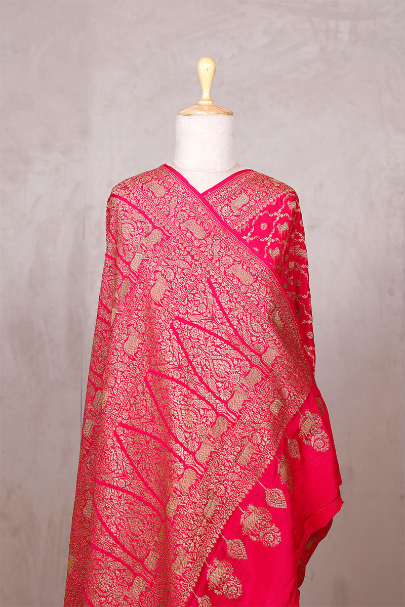 Pink Crepe Banarasi Khaddi Silk Saree with Pichwai Floral Work