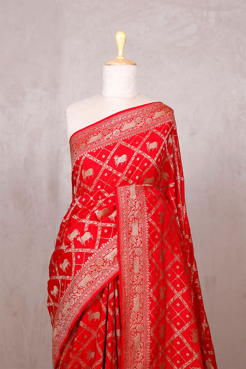 Red Crepe Banarasi Khaddi Silk Saree with Pichwai Floral Work