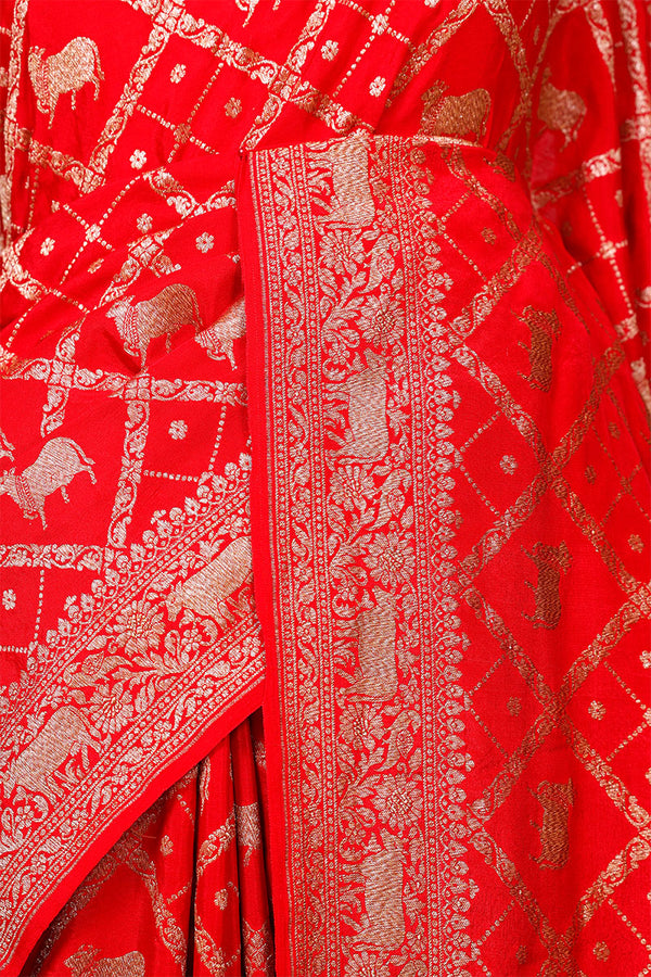 Red Crepe Banarasi Khaddi Silk Saree with Pichwai Floral Work