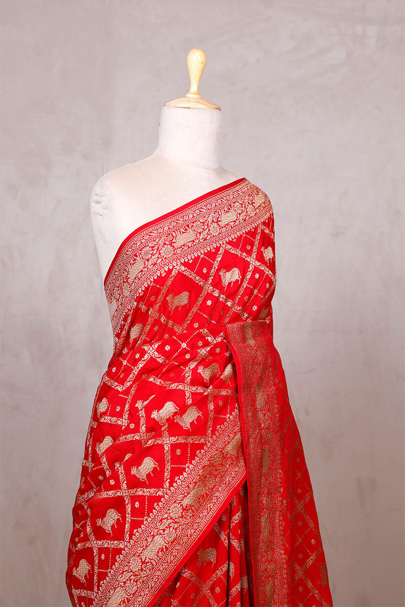 Red Crepe Banarasi Khaddi Silk Saree with Pichwai Floral Work