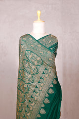 Bottle Green Crepe Khaddi Banarasi Saree with Pichwai Floral Work