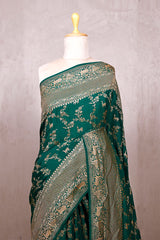 Bottle Green Crepe Banarasi Khaddi Silk Saree with Shikargah Floral Work