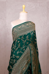 Bottle Green Crepe Banarasi Khaddi Silk Saree with Shikargah Floral Work