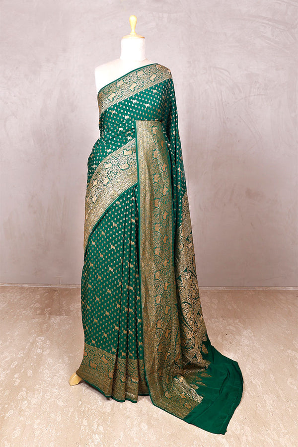 bottle Green saree, Crepe Saree, Banarasi saree, wedding saree, party wear saree​