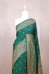 Bottle Green Crepe Khaddi Banarasi Saree with Pichwai Floral Work