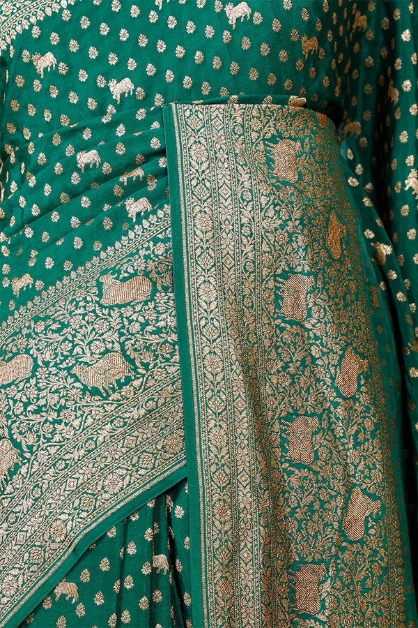 Bottle Green Crepe Khaddi Banarasi Saree with Pichwai Floral Work