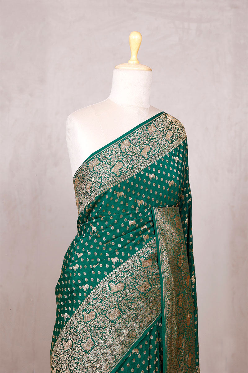 Bottle Green Crepe Khaddi Banarasi Saree with Pichwai Floral Work