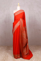 Red Orange Handloom Crepe Saree with Shikargah Zari Work