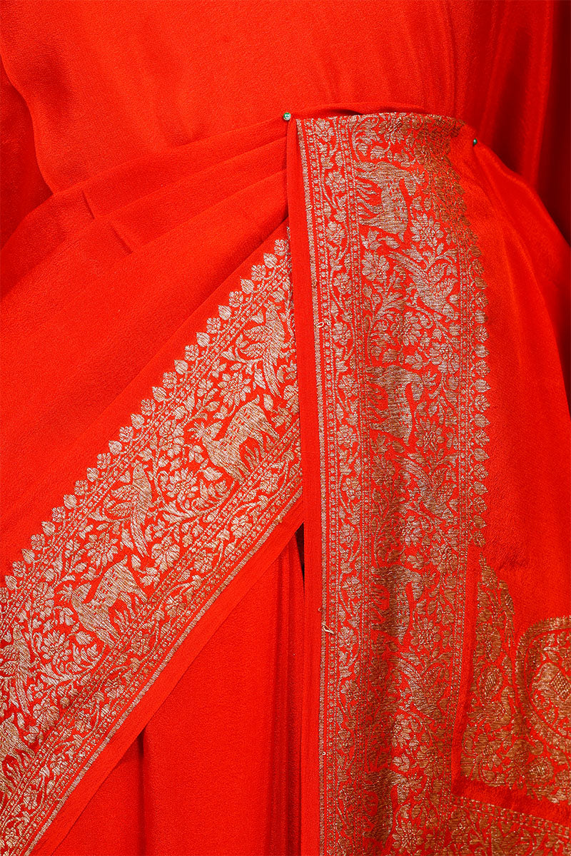 Red Orange Handloom Crepe Saree with Shikargah Zari Work