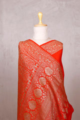 Red Orange Handloom Crepe Saree with Shikargah Zari Work