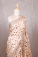 Off White Banarasi Crepe Saree with Zig-Zag Floral Work