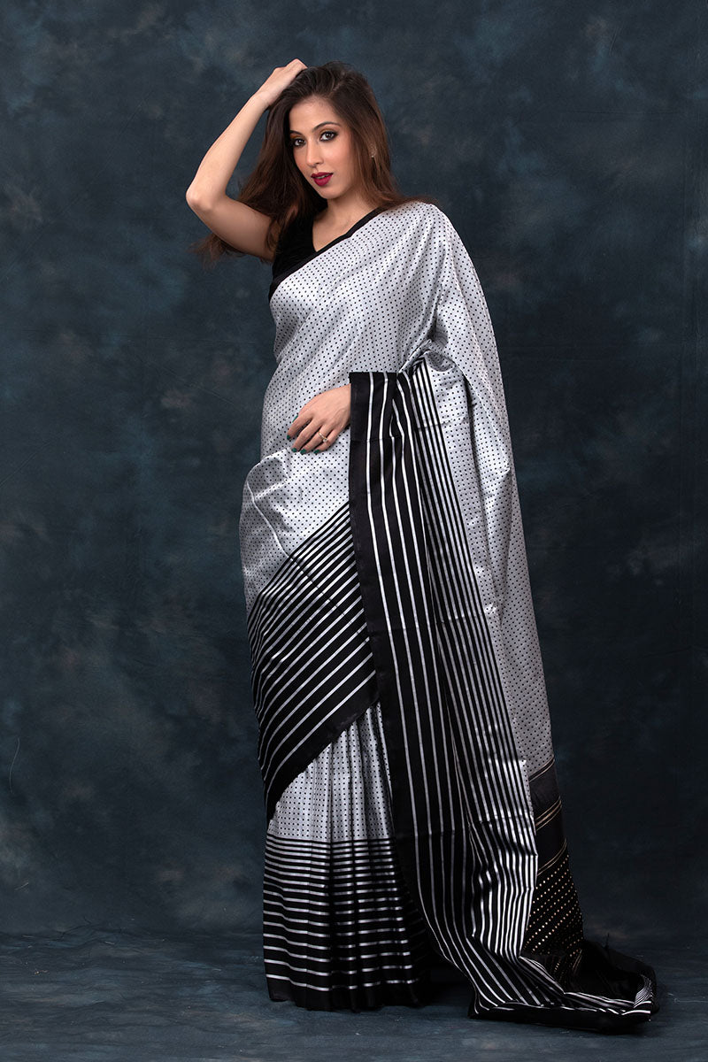 Grey & Black Striped Handwoven Satin Silk Saree