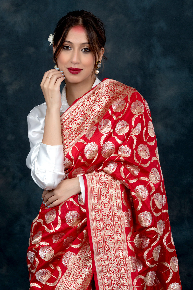 red saree, silk saree, maroon saree, banarasi saree, handloom saree, pure silk saree