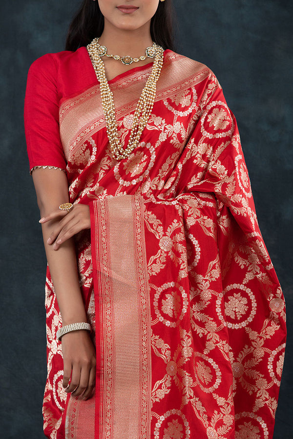Rose Red Handwoven Banarasi Katan Silk Saree - Chinaya Banaras