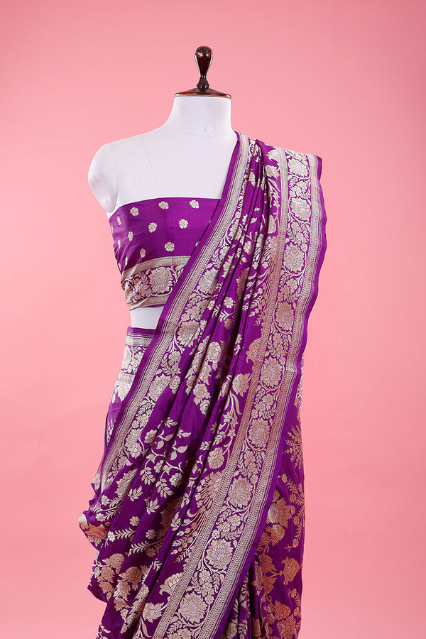 Purple Floral Jaal Handwoven Banarasi Katan Silk Saree - Chinaya Banaras