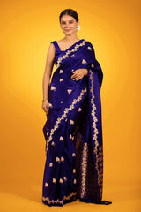 Dark Navy Blue Handloom Gajji Silk Banarasi Saree