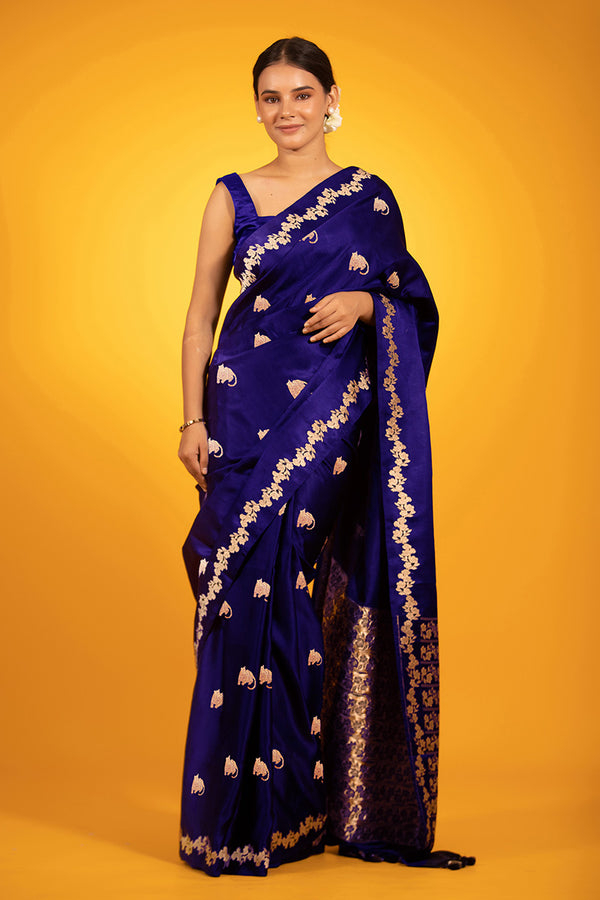 Dark Navy Blue Handloom Gajji Silk Banarasi Saree