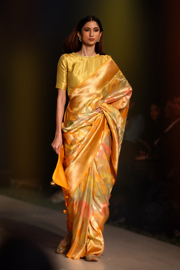 Yellow saree, orange saree, banarasi saree, silk saree, yellow banarasi saree, Rangkat saree, wedding saree, saree for wedding