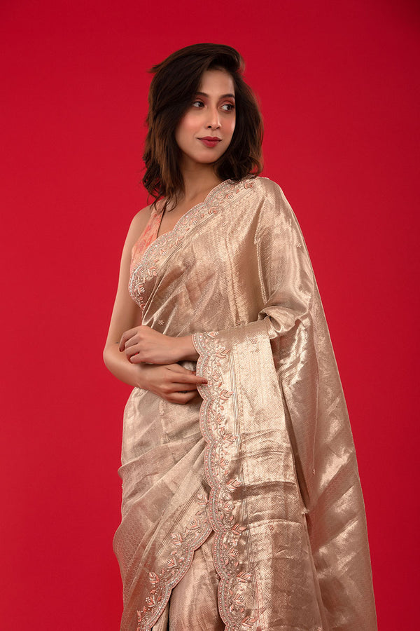 Rose Gold Embellished Tissue Silk Saree - Chinaya Banaras
