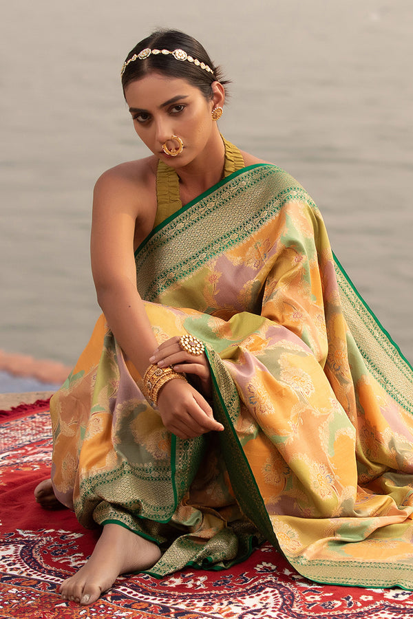 chiniya silk saree, green saree, banarasi saree, festive wear saree, wedding saree