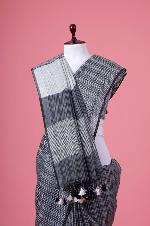 Black Checkered Woven Linen Saree - Chinaya Banaras