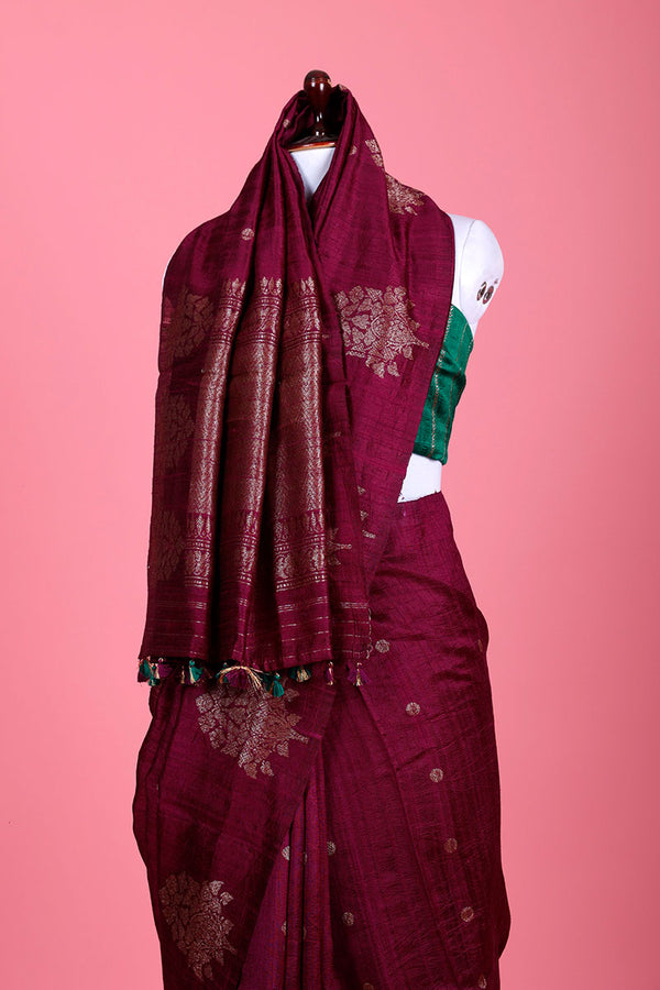 Wine Ethnic Handwoven Raw Silk Saree - Chinaya Banaras