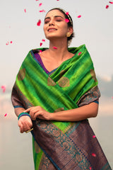 Green & Blue Rangkat Handwoven Raw Silk Saree - Chinaya Banaras