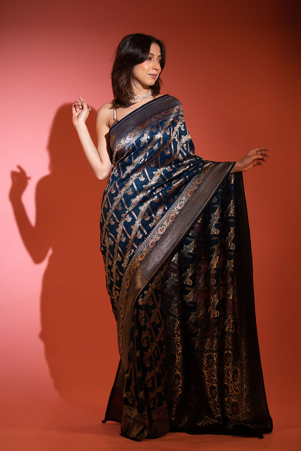 Classic Blue Handwoven Tussar khaddi Silk saree - Chinaya Banaras