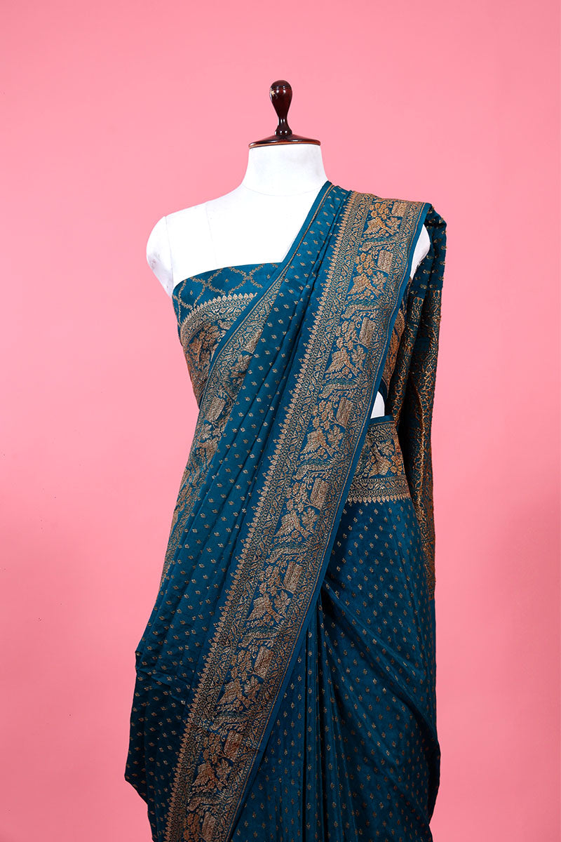 Teal Ethnic Woven Crepe Khaddi Silk Saree - Chinaya Banaras