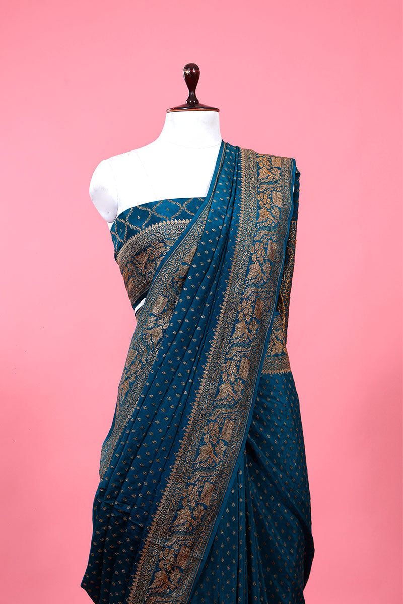 Teal Ethnic Woven Crepe Khaddi Silk Saree - Chinaya Banaras