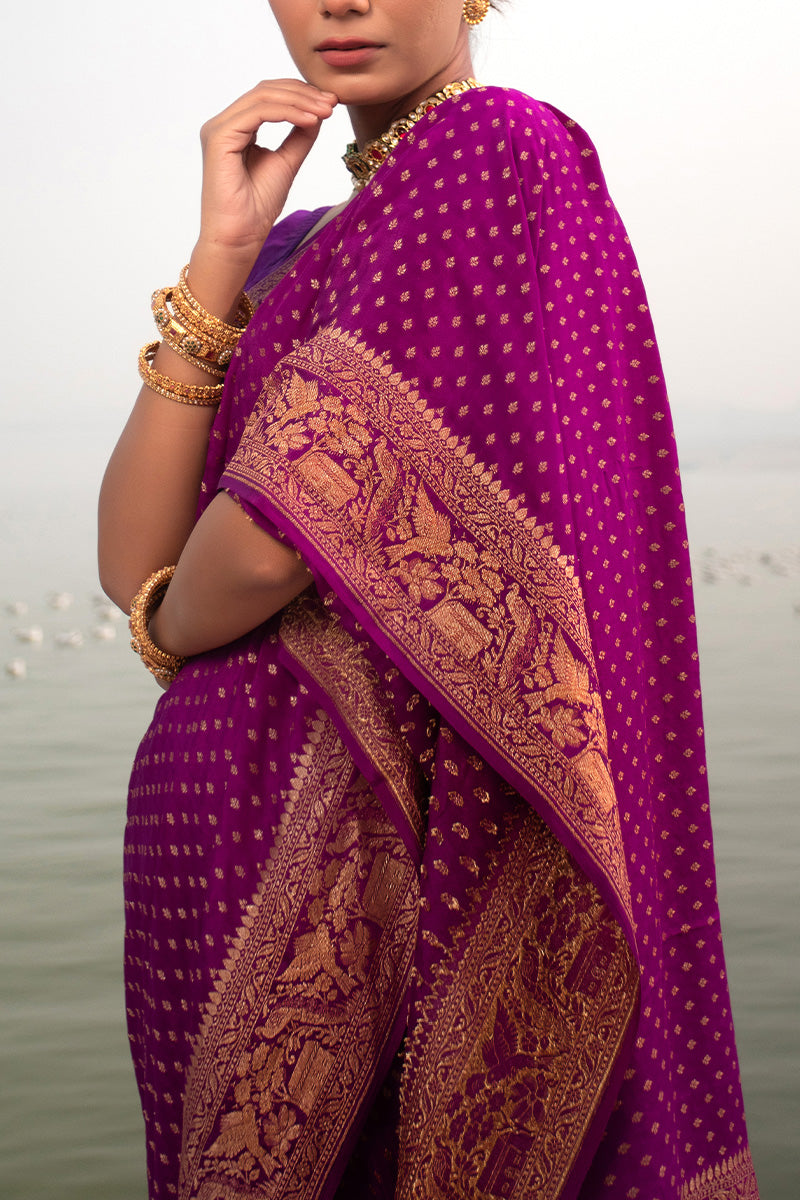 Purple Ethnic Woven Crepe Khaddi Silk Saree - Chinaya Banaras