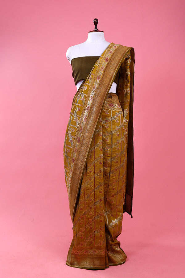Yellow Handwoven Tussar Khaddi Silk Saree At Chinaya Banaras