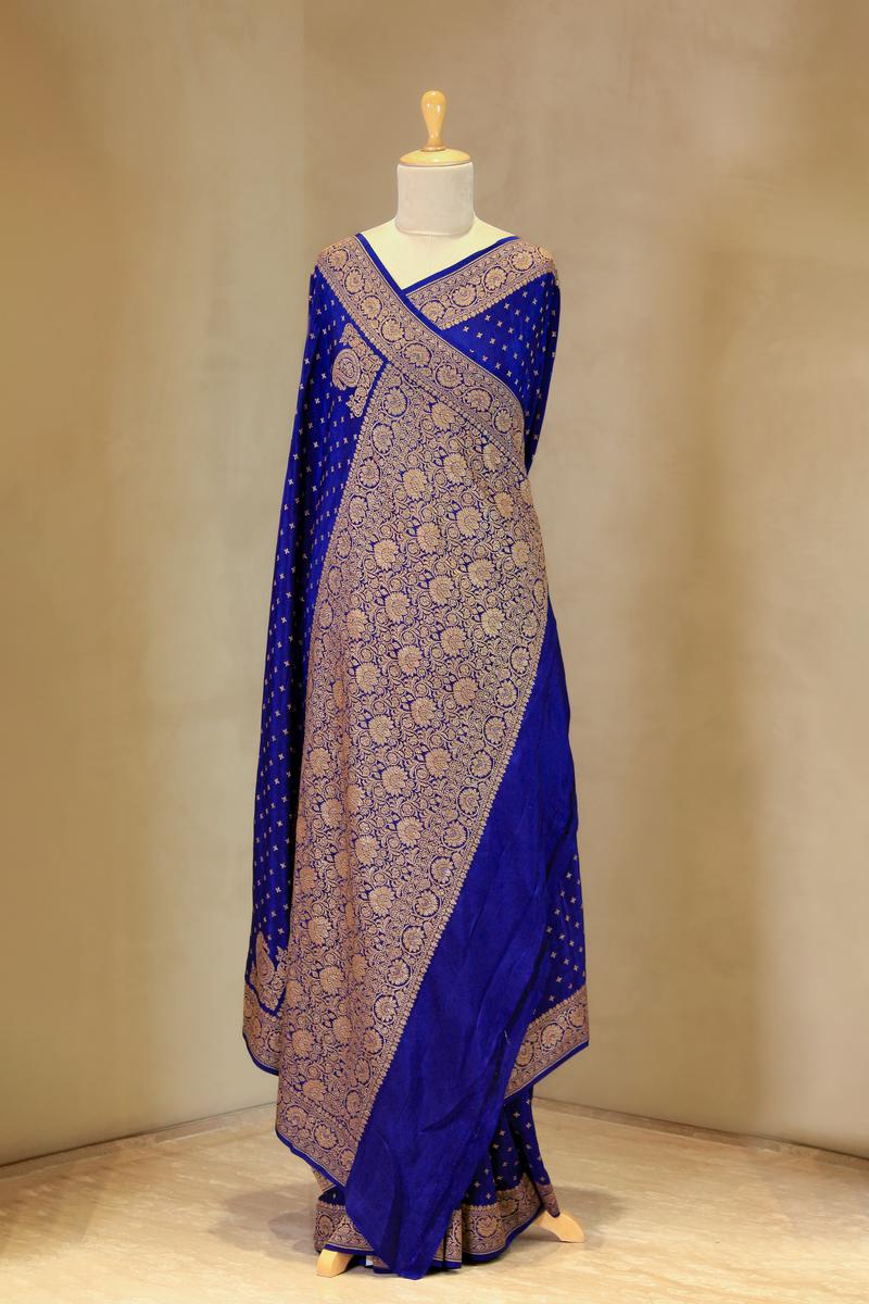 Royal Blue Handloom Crepe Saree with Gold Zari Konia Motif