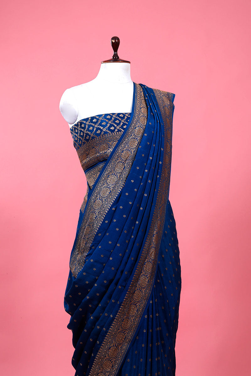 German Blue Ethnic Woven Crepe Khaddi Silk Saree - Chinaya Banaras