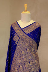 Royal Blue Handloom Crepe Saree with Gold Zari Konia Motif