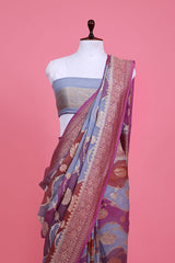 Grey Rangkat Floral Jaal Handwoven Georgette Khaddi Silk Saree - Chinaya Banaras