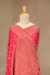 Pink Handloom Crepe Saree with Gold Zari Floral Work