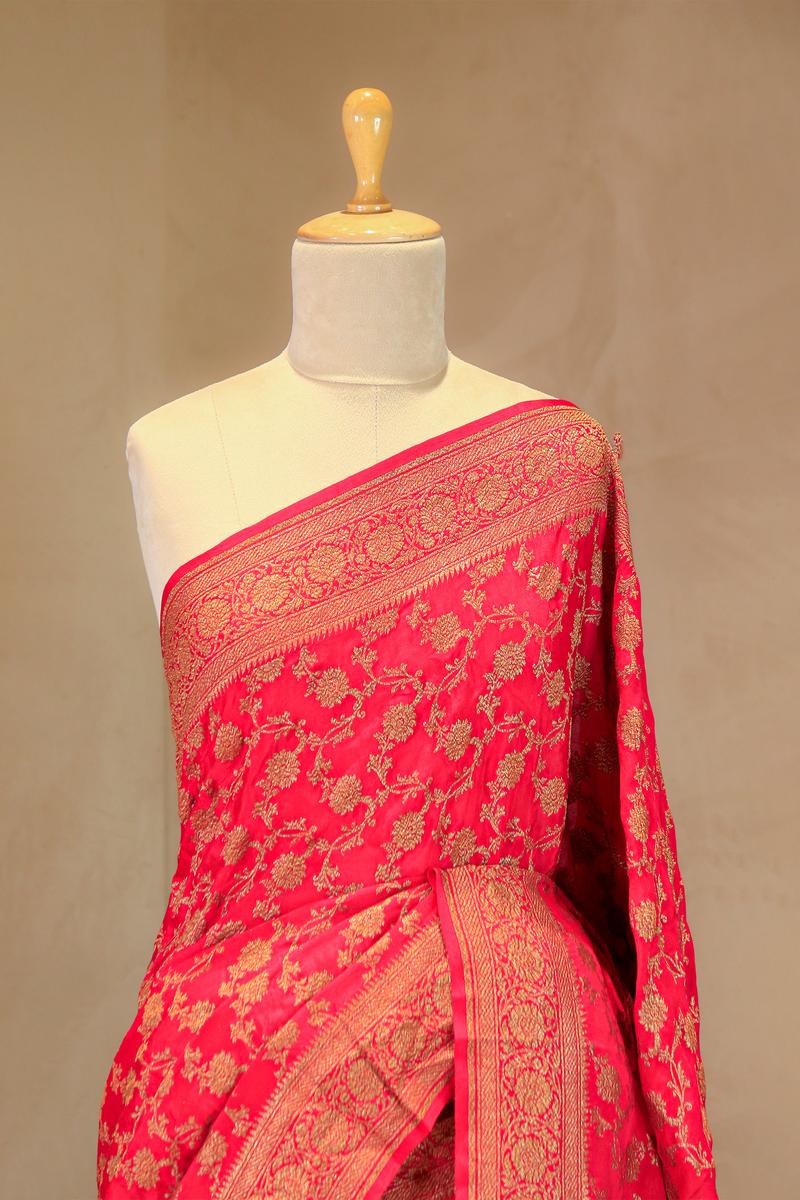 Pink Handloom Crepe Saree with Gold Zari Floral Work