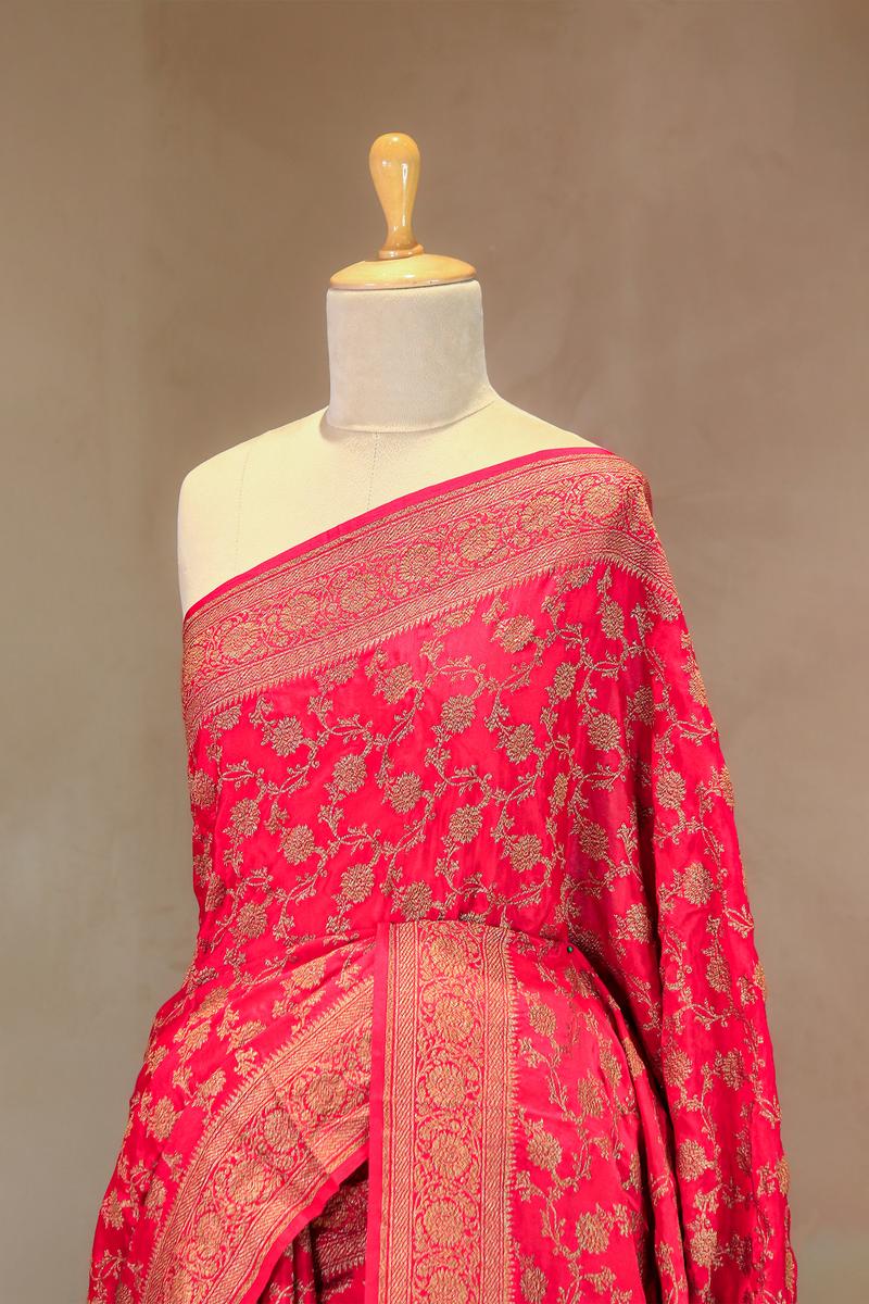 Pink Handloom Crepe Saree with Gold Zari Floral Work