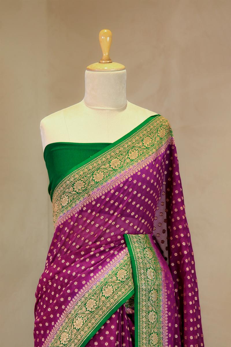 Deep Purple Handloom Georgette Saree with Green Pallu And Border