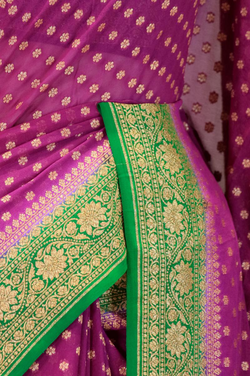 Deep Purple Handloom Georgette Saree with Green Pallu And Border