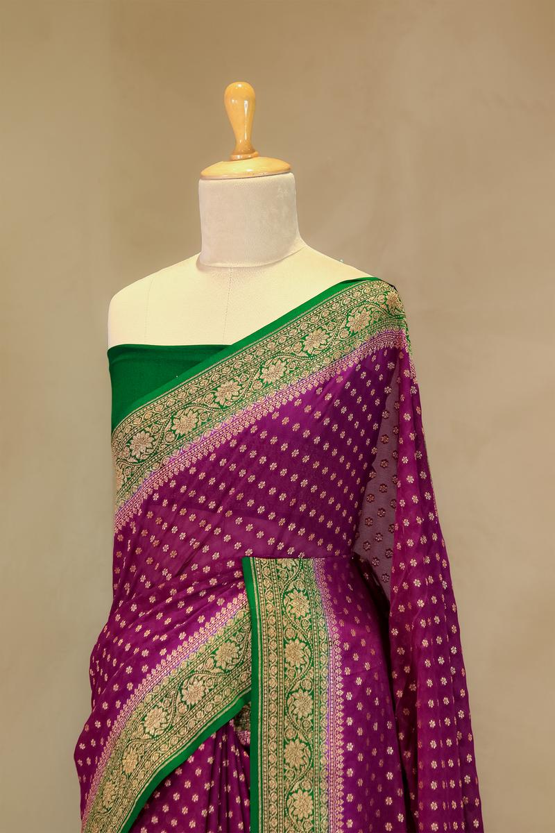 Deep Purple Handloom Georgette Saree with Green Pallu And Border