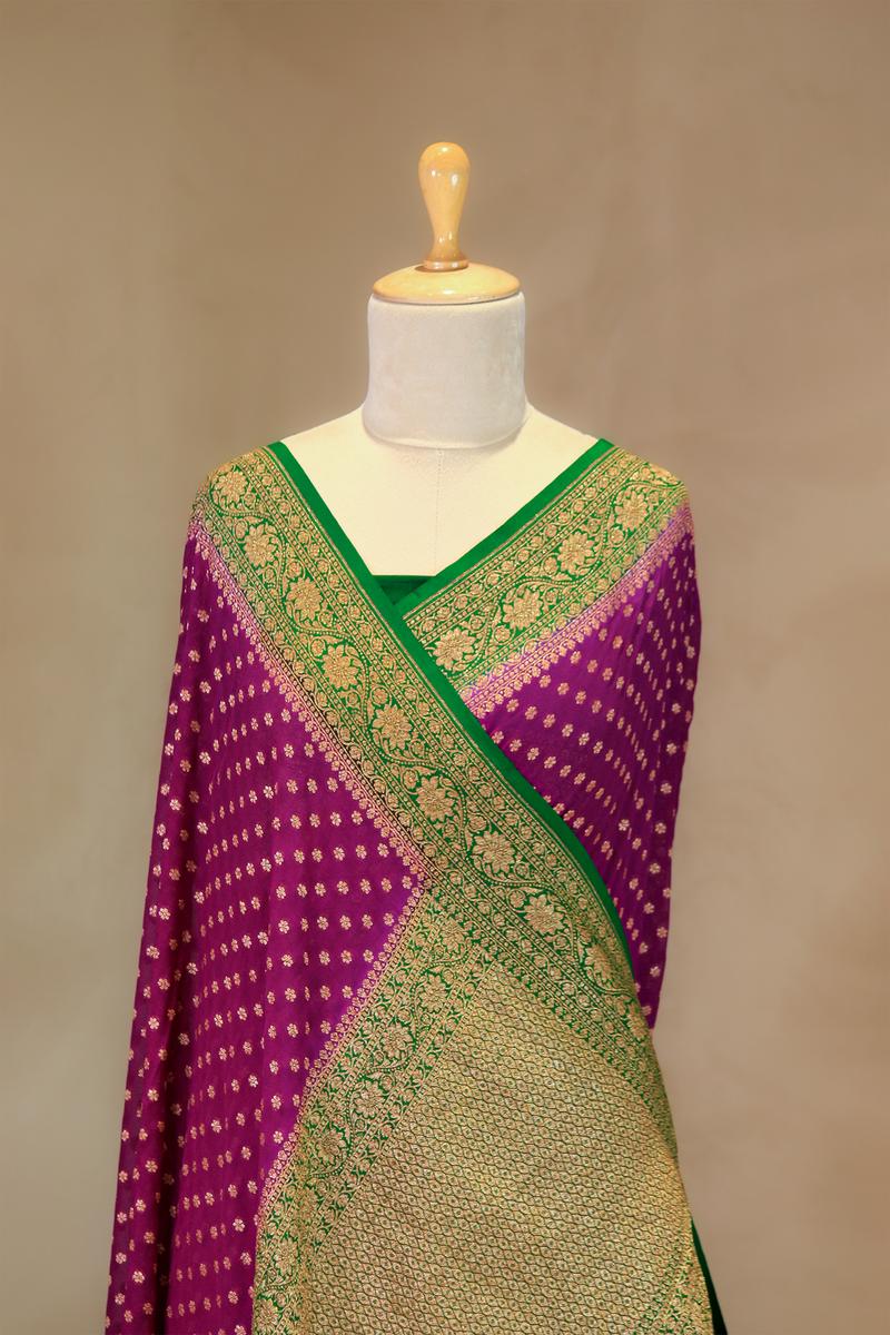 Deep Purple Handloom Georgette Saree with Green Pallu And Border