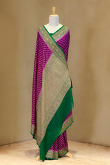 Deep Purple Handloom Georgette Saree with Green Pallu And Border