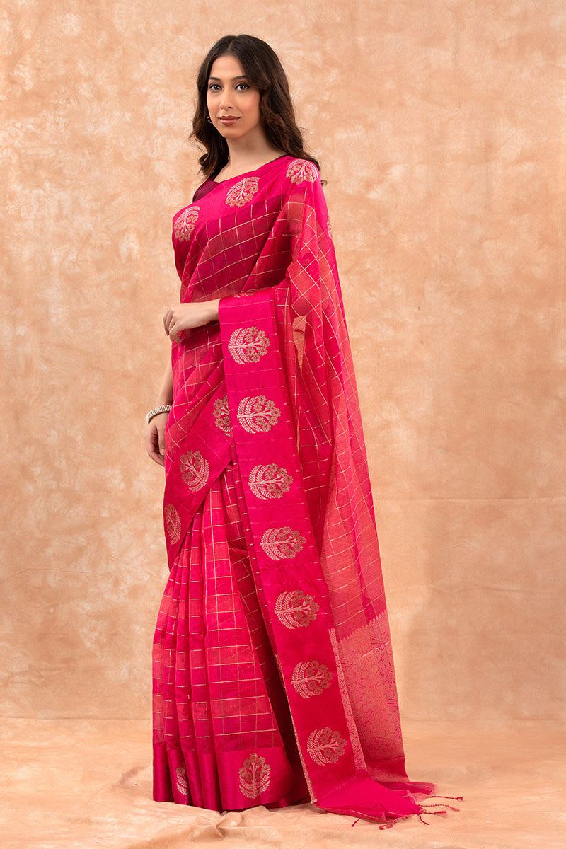 Barbie Pink Woven Banarasi Cotton Saree - Chinaya Banaras