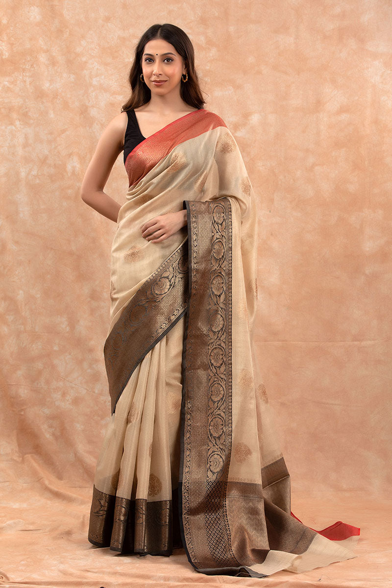 Beige & Black Ethnic Woven Banarasi Cotton Saree - Chinaya Banaras